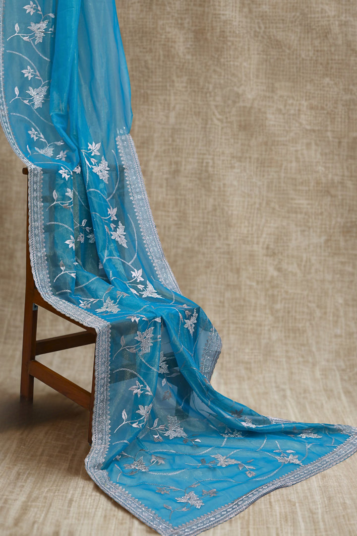 Elegant Teal Blue Organza Tissue Saree with Spring Leaf Stone Embroidery