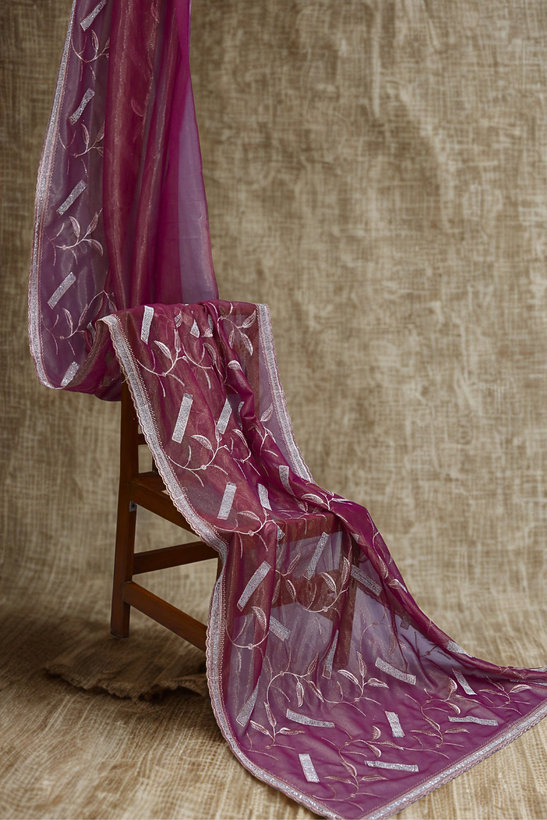 ISHNA Wine Organza Tissue Saree With Stone Stripes
