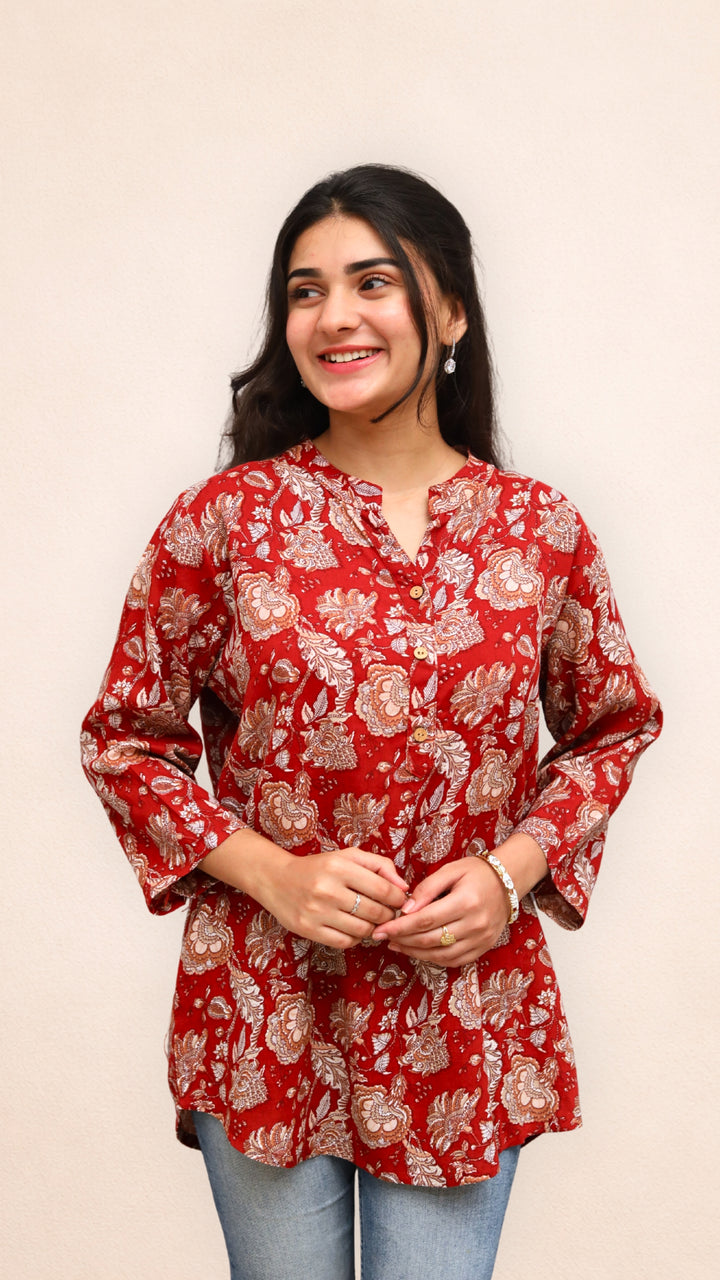 Gulnaar Crimson  Aline Collar Short Kurti