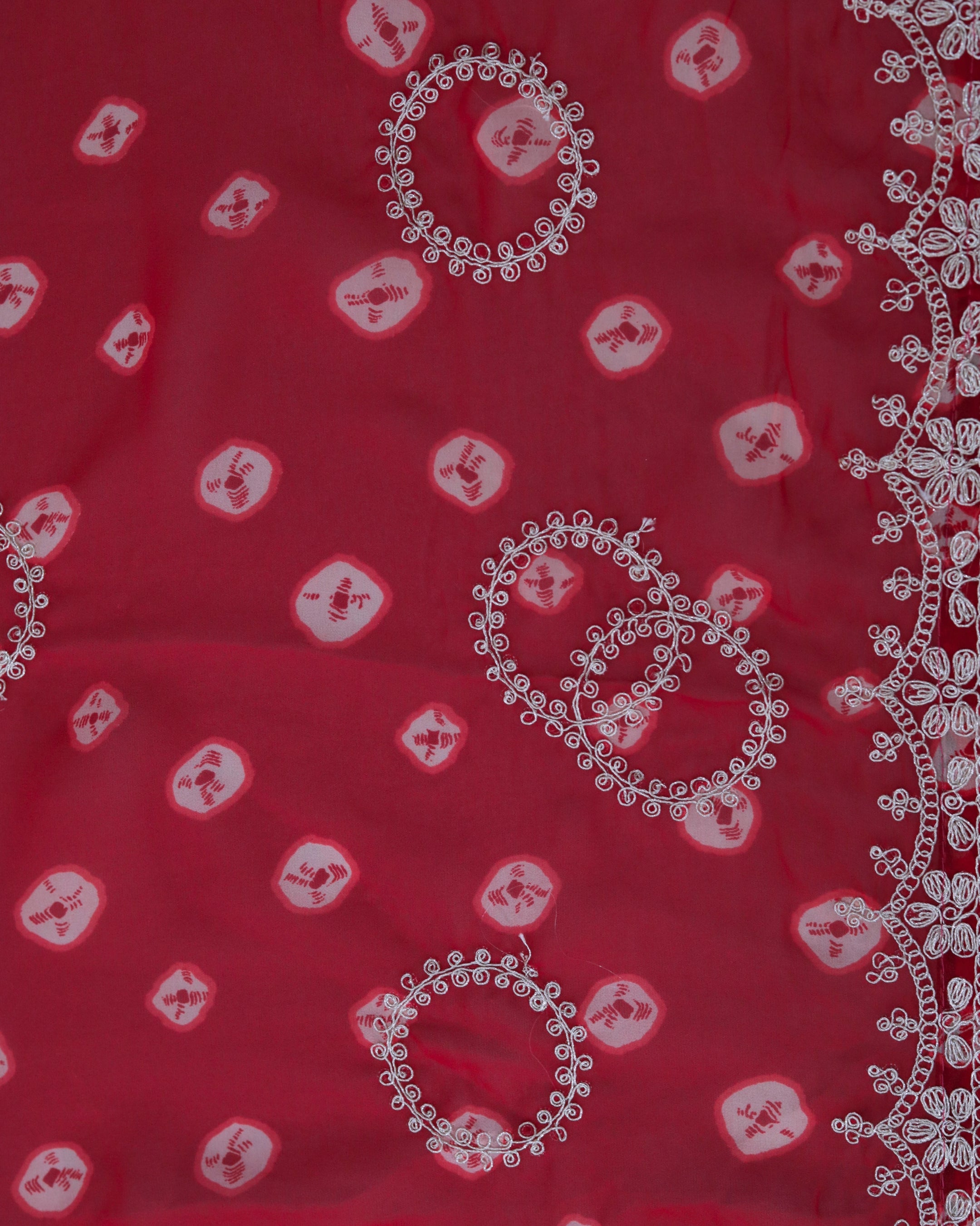 ISHNA Red Bandhani Saree With Chand Motif