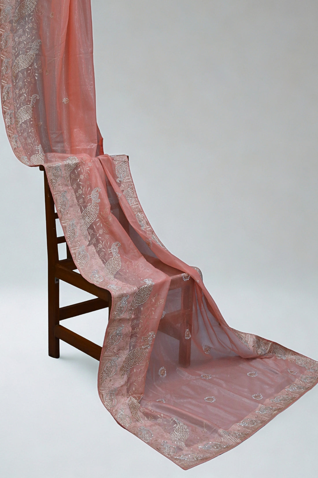 ISHNA Pastel Peach Organza Tissue Saree With Peacock Broder