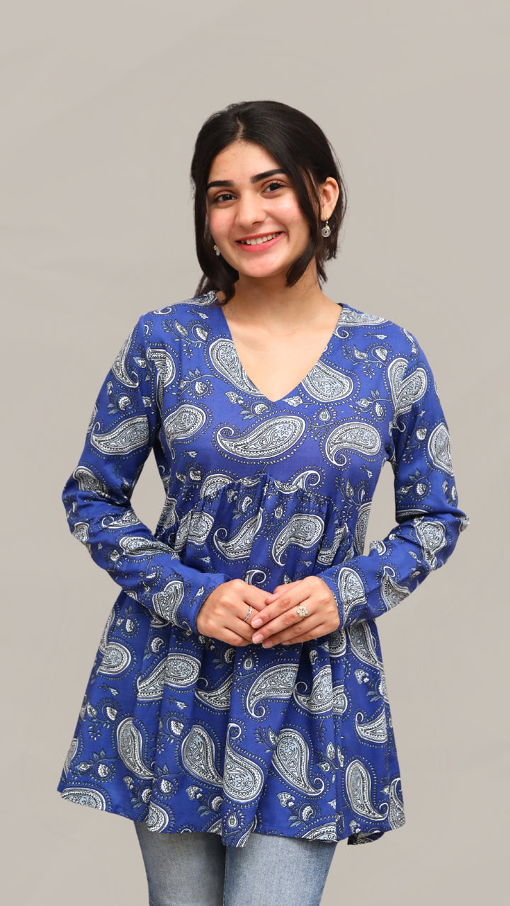 Royal Blue Paisley Printed Peplum Top