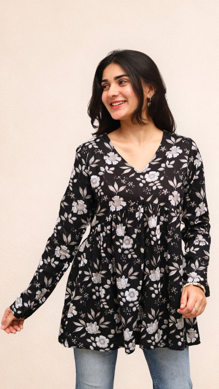 Black with White Floral Peplum Top