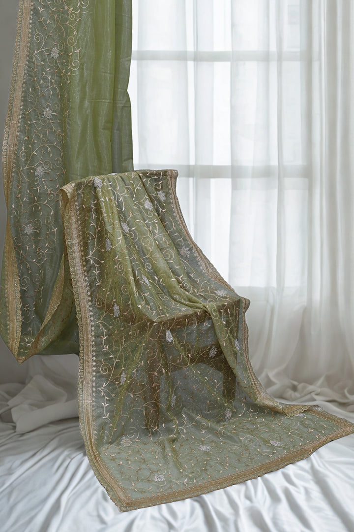 Olive Green Organza Tissue Saree with Leaf embroidery stone Work