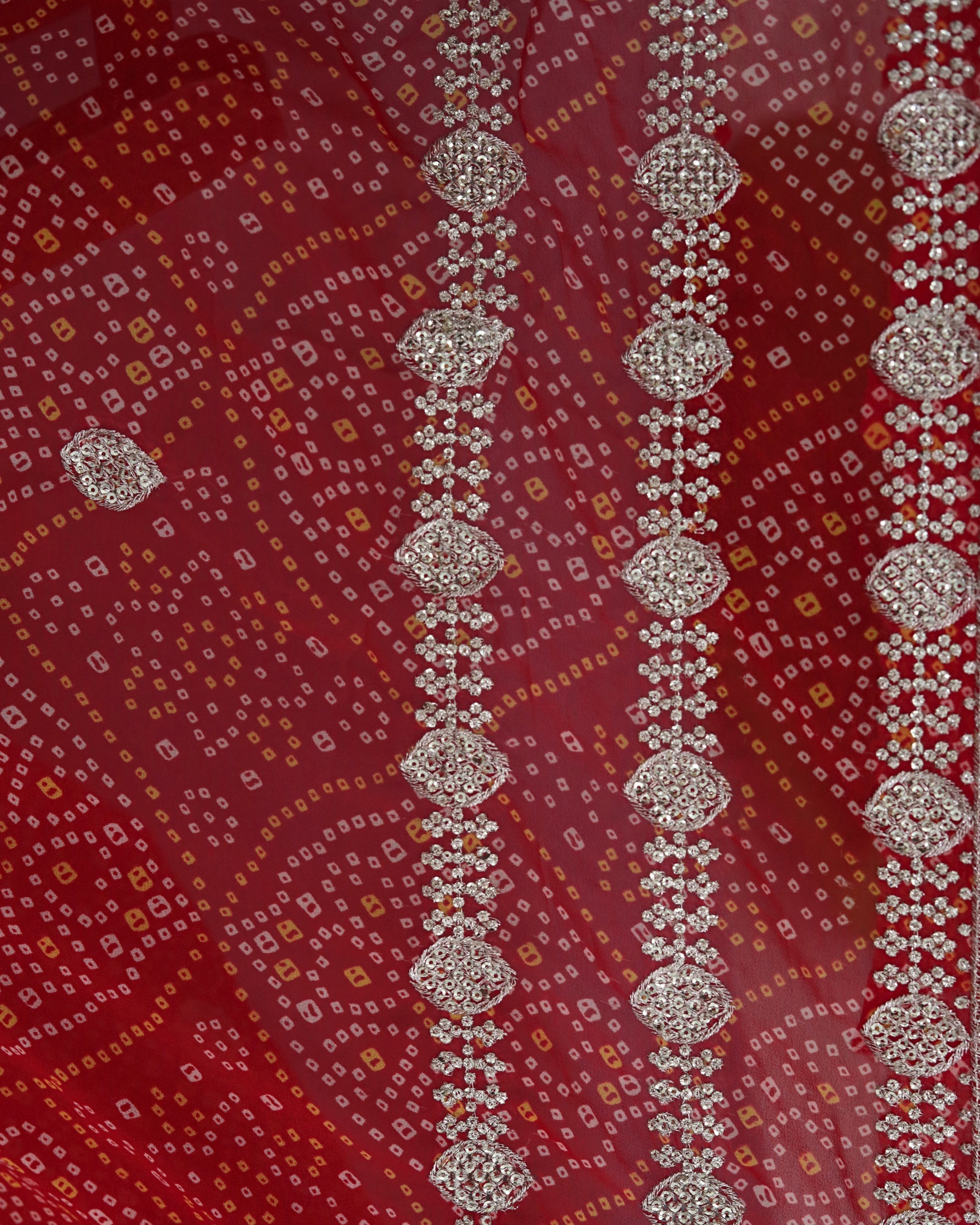 ISHNA Red Bandhani Saree With 3 Line Border and Chip Work