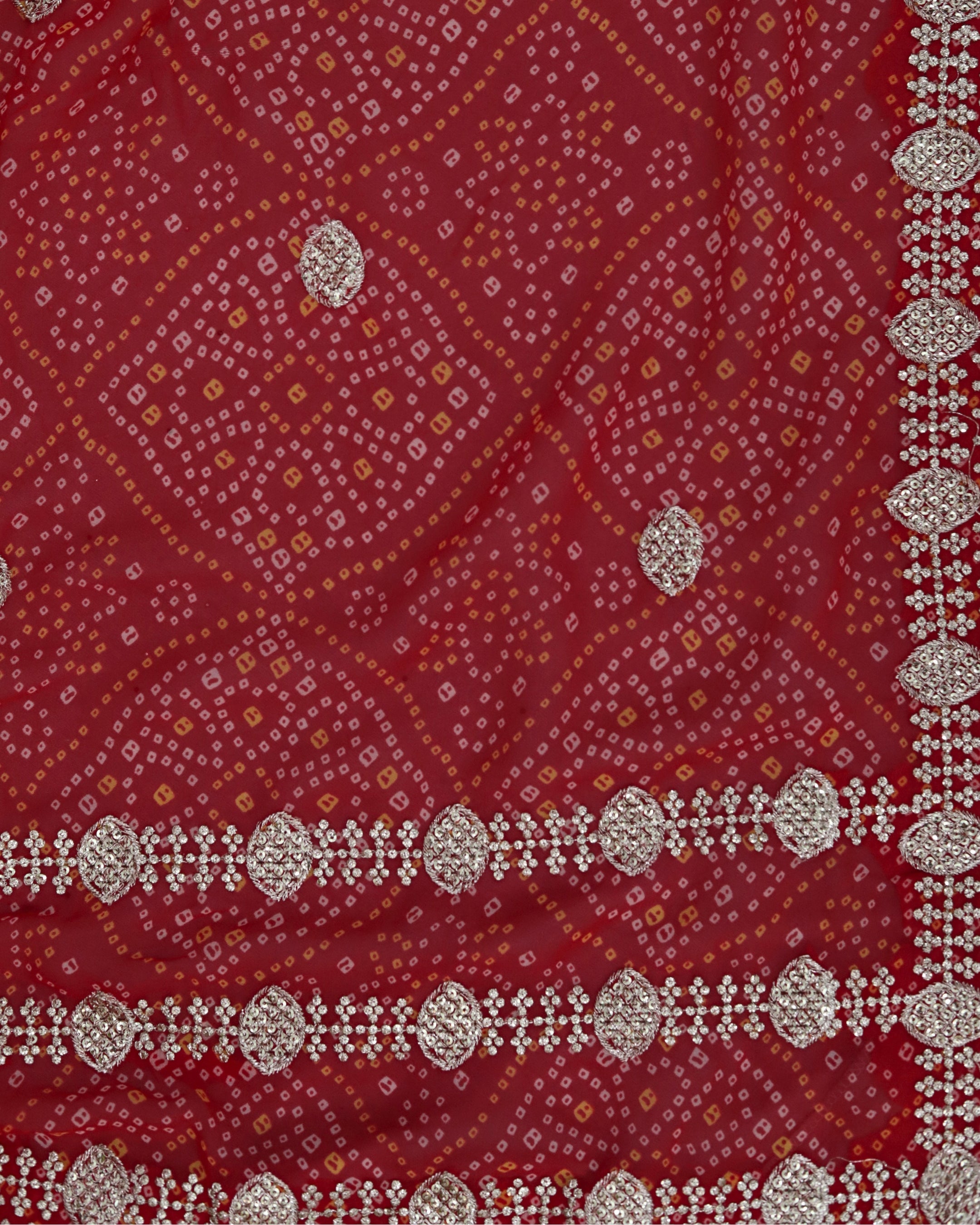 ISHNA Red Bandhani Saree With 3 Line Border and Chip Work