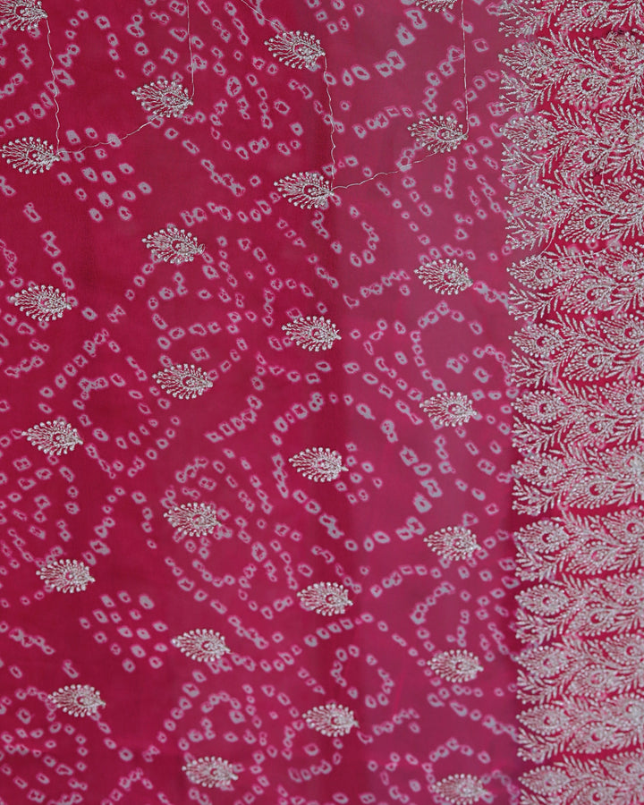 ISHNA Pink Bandhani Saree With Leaf Zari Border