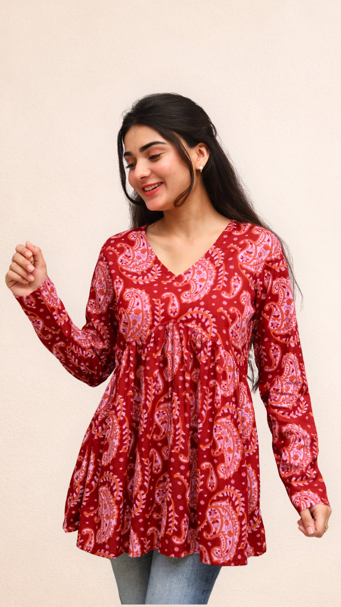 Maroon Block Print Peplum Top