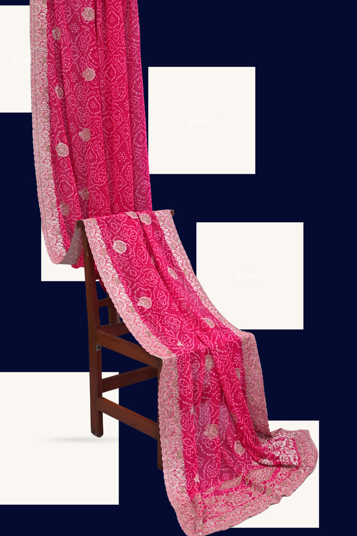 ISHNA Pink Bandhani Saree With Flower Border and Stone Work