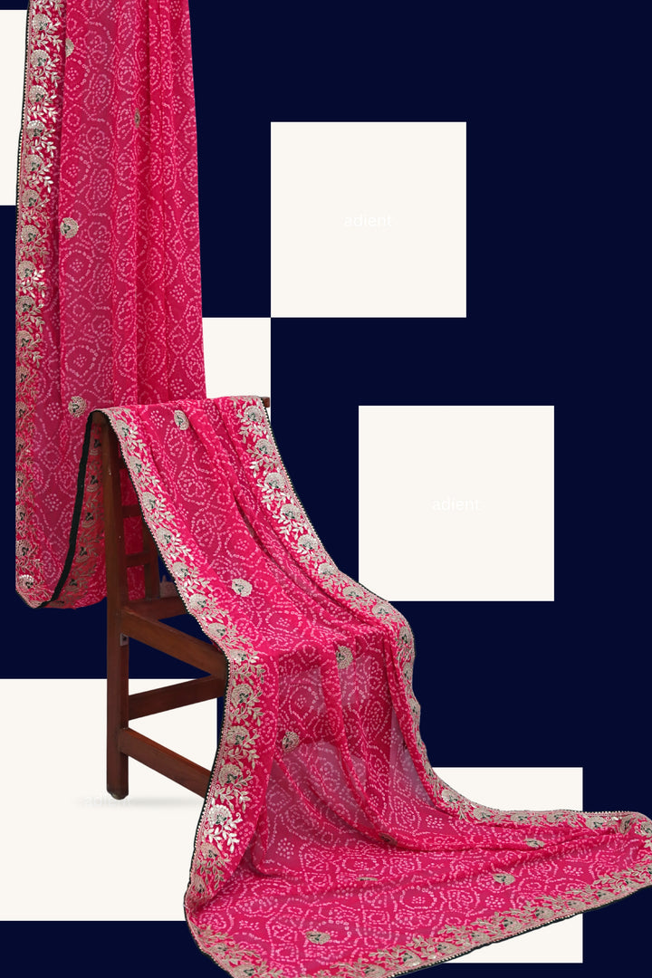 ISHNA Pink Bandhani Saree With Rounded Layered Petal Border