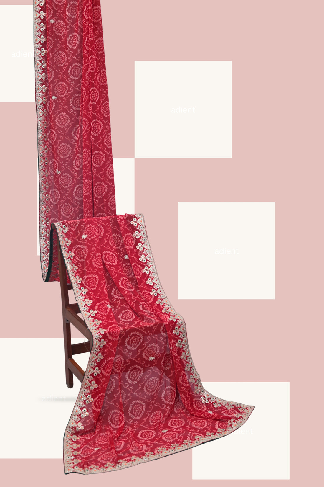 ISHNA Red Bandhani Saree With 3 Flower Border and Theard Work