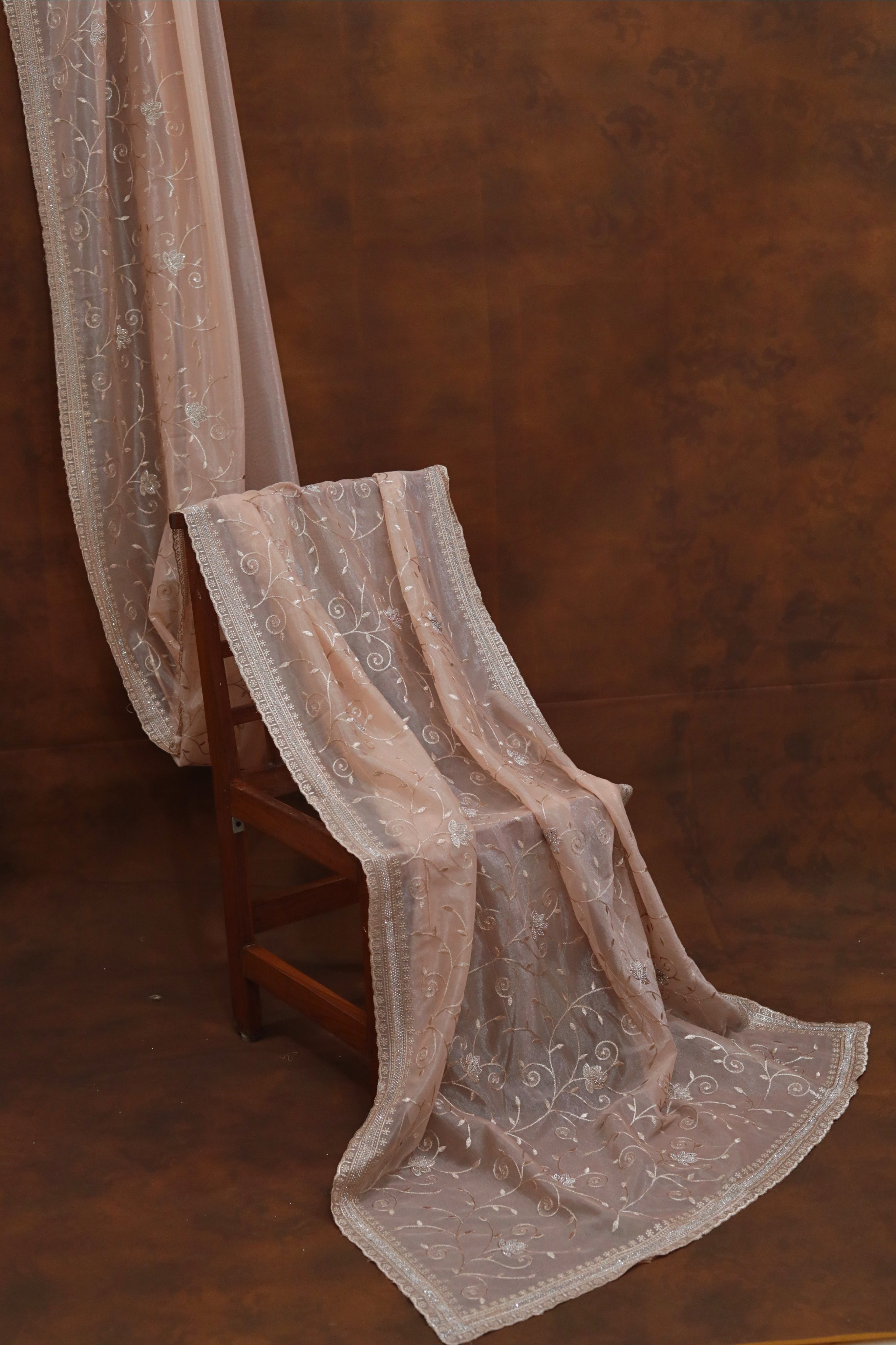 Soft Cream Organza Tissue Saree with Leaf Embroidery