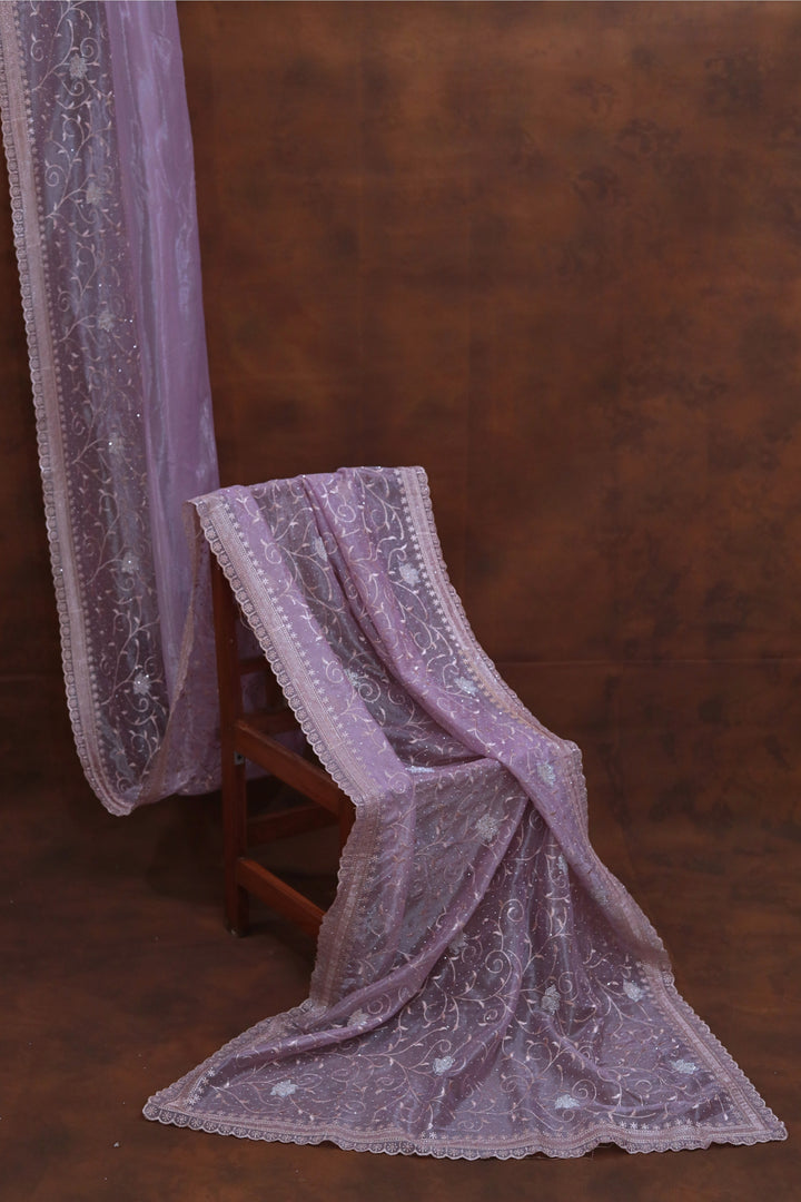 Lavender Organza Tissue Saree With leaf Embroidery  Stone Work