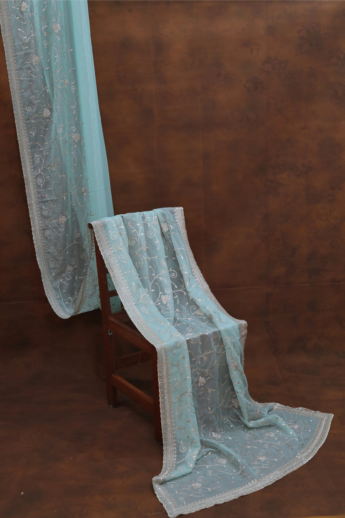 Seafoam Aqua Organza Tissue Saree with leaf Embroidery