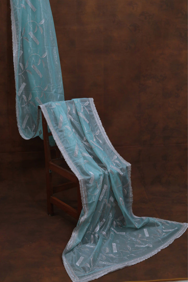 ISHNA Meher Aqua Blue Organza Tissue Saree With Stone Stripes