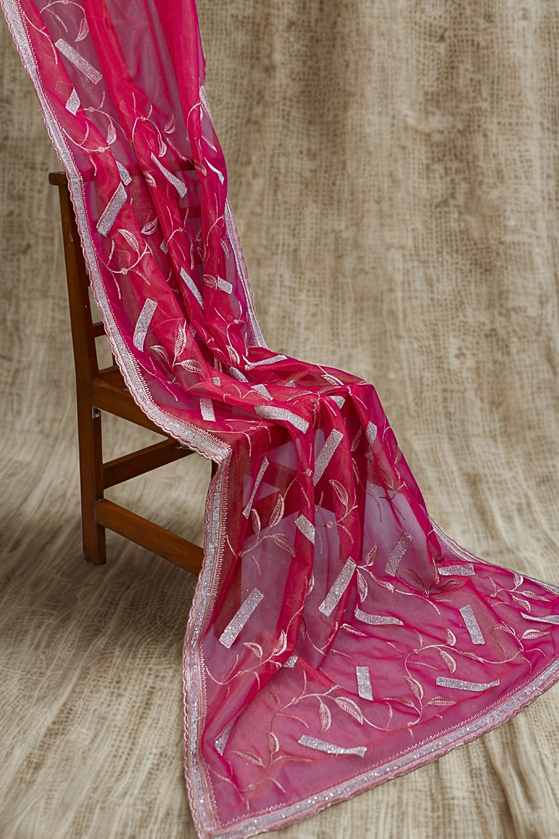 Dark Pink Organza Tissue Saree with Stone Stripes