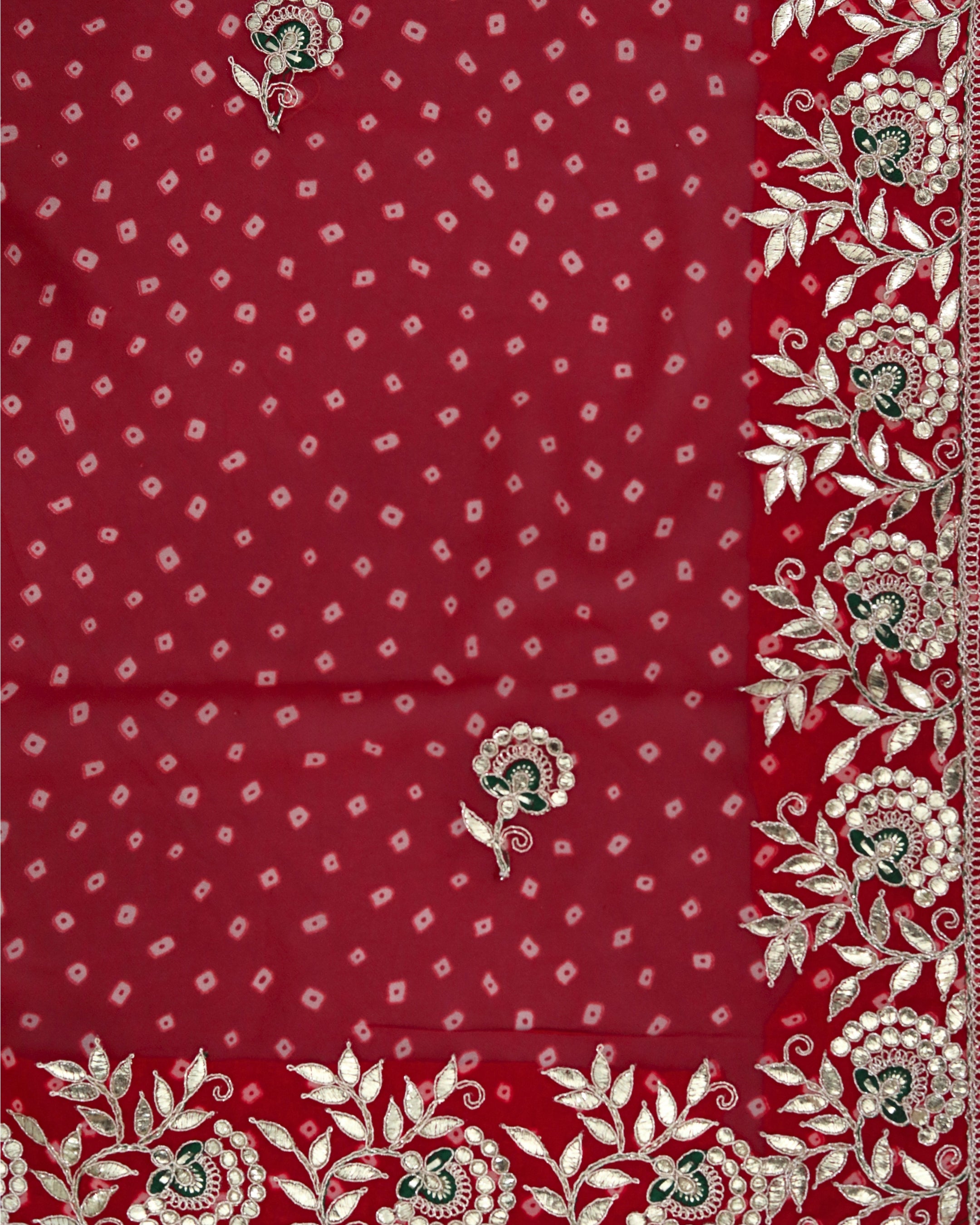 ISHNA Red Bandhani Saree With Floral Butti Border