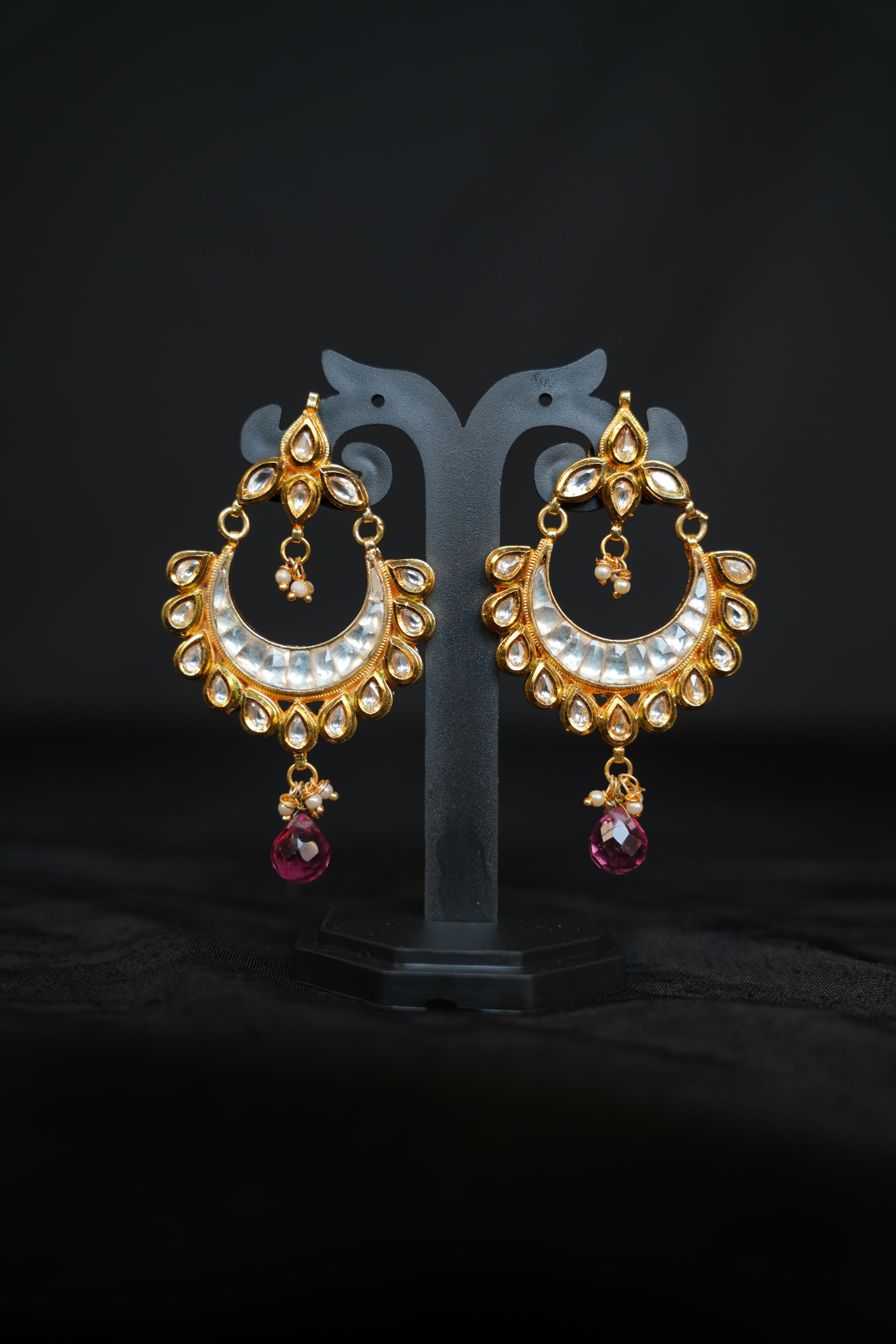 Golden Kundan Chandbali Earrings with Pink Drop