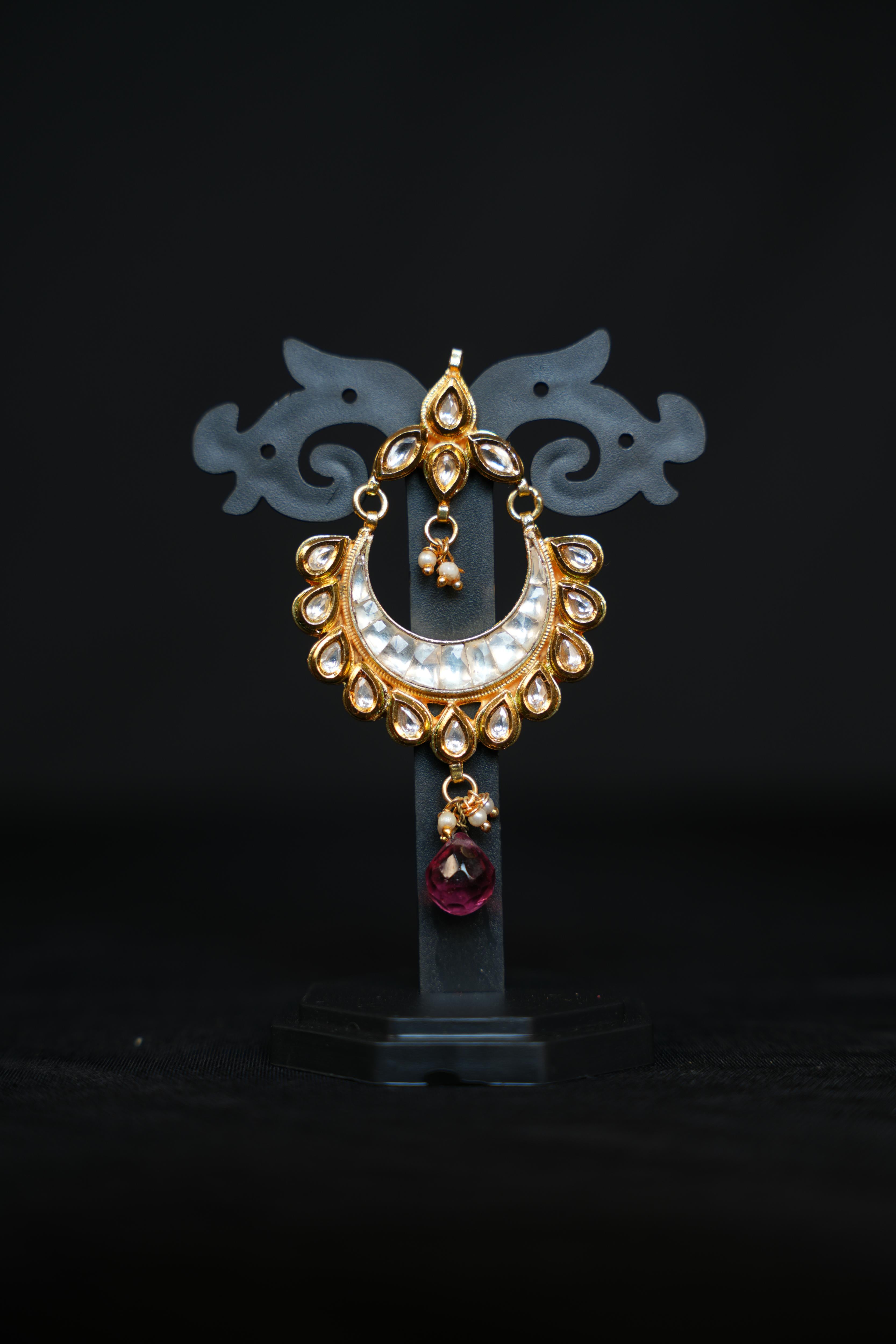 Golden Kundan Chandbali Earrings with Pink Drop