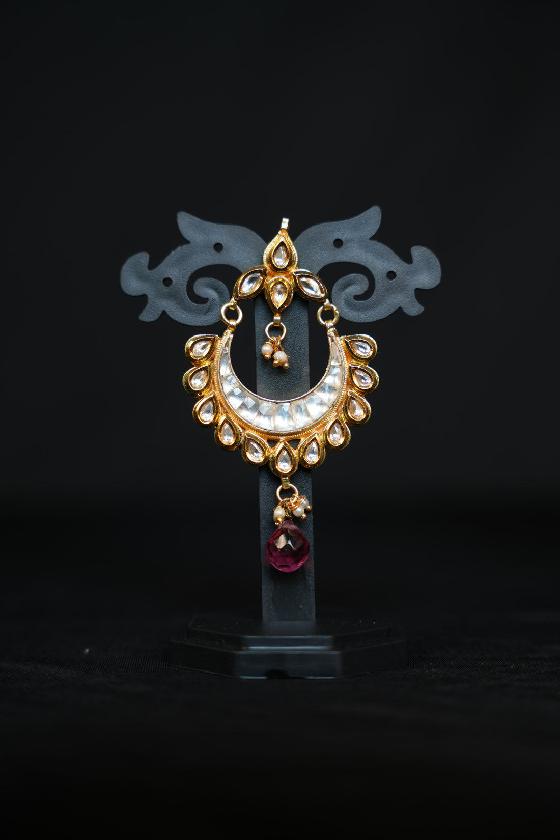 Golden Kundan Chandbali Earrings with Pink Drop