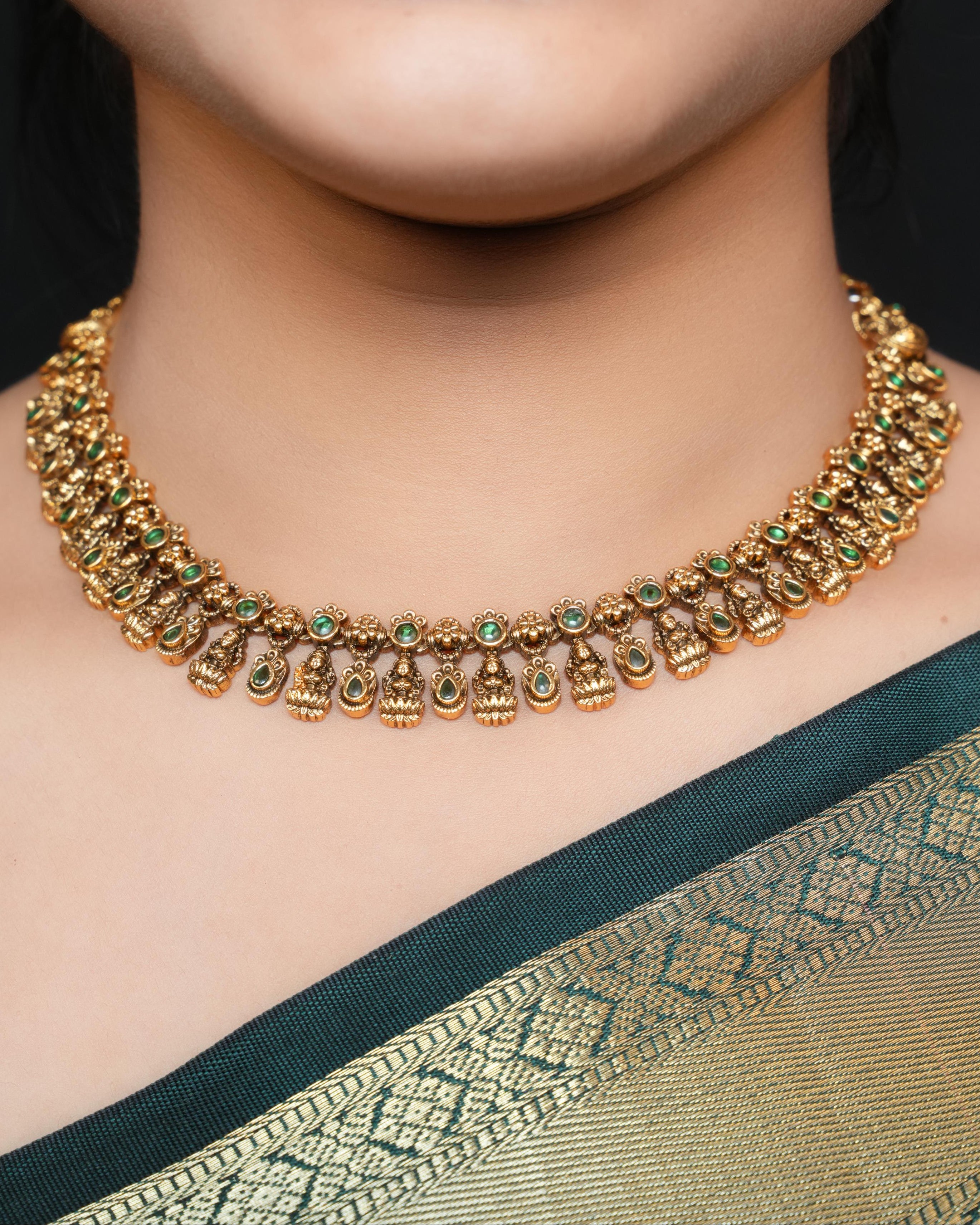 Emerald Antique Gold Lakshmi Choker  Set