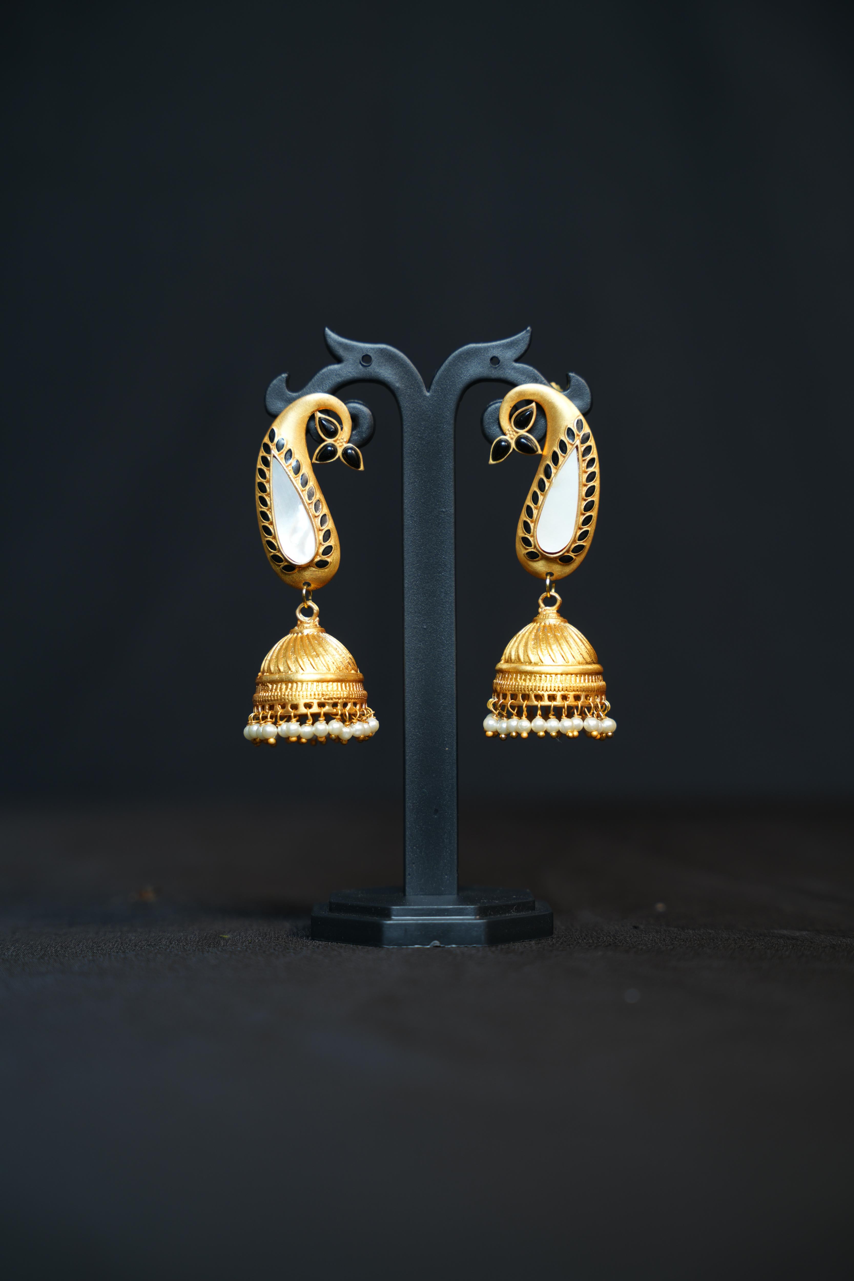 Matte Gold Paisley Jhumkas with Pearl Drops