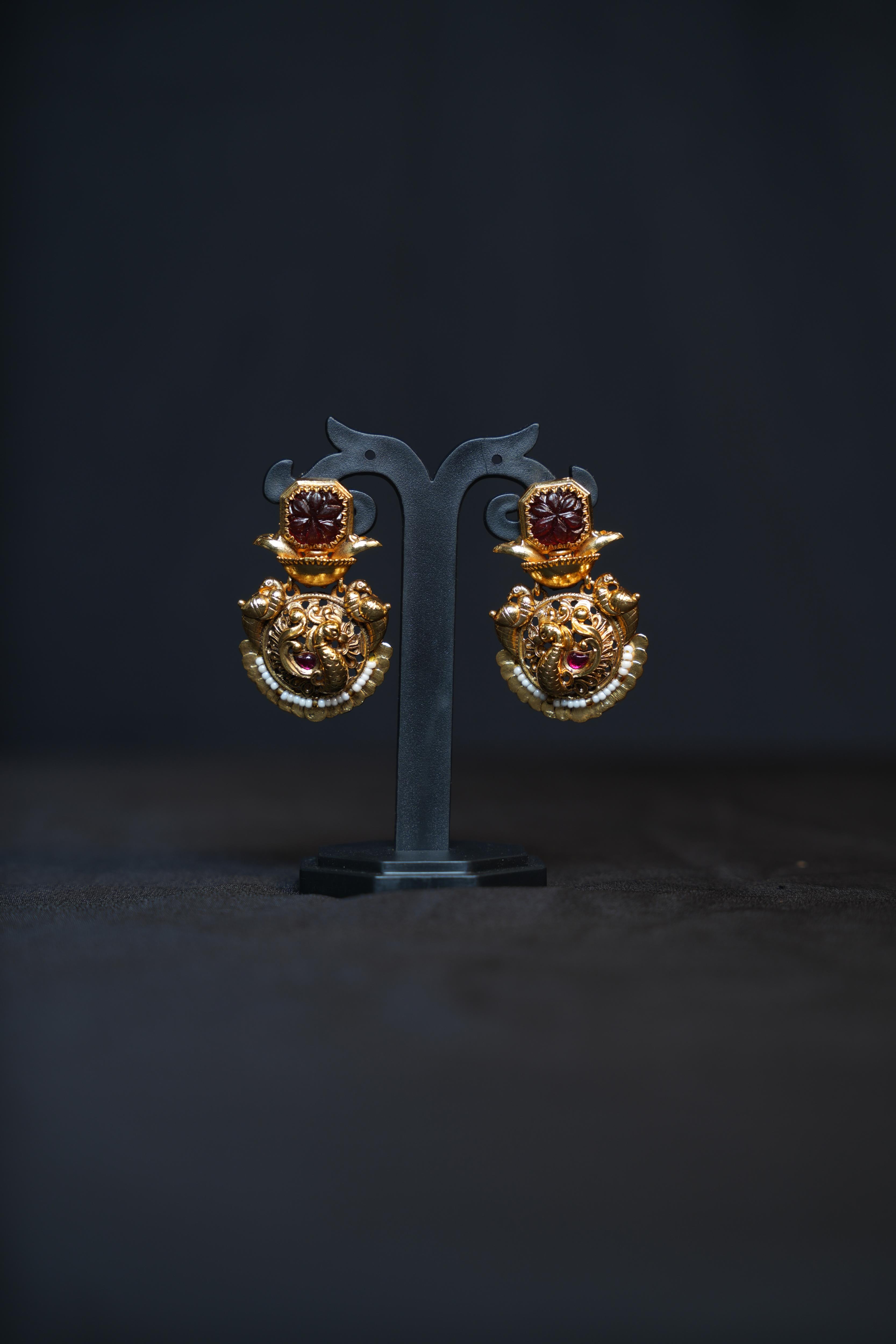 Antique Gold Peacock Temple Earrings