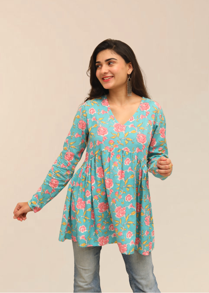 Aqua Blossom Floral Peplum Top