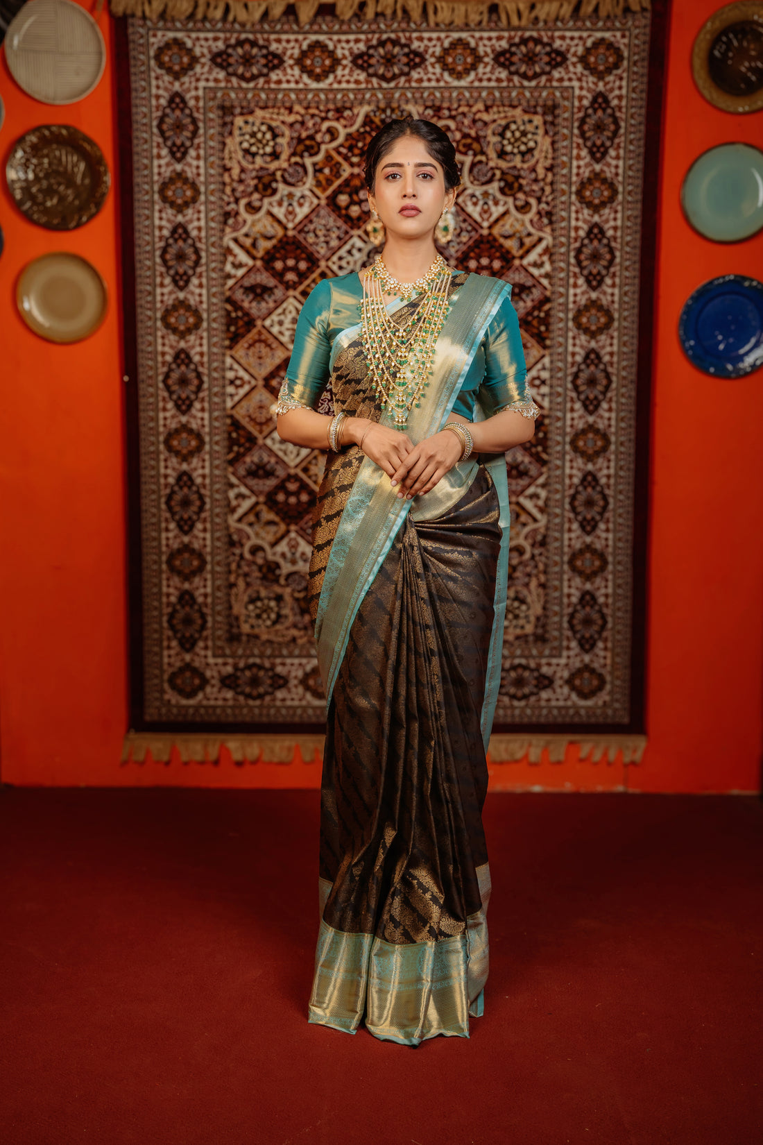 Kanchipuram (Kanchi) Silk Saree with deep charcoal black and teal green antique gold zari