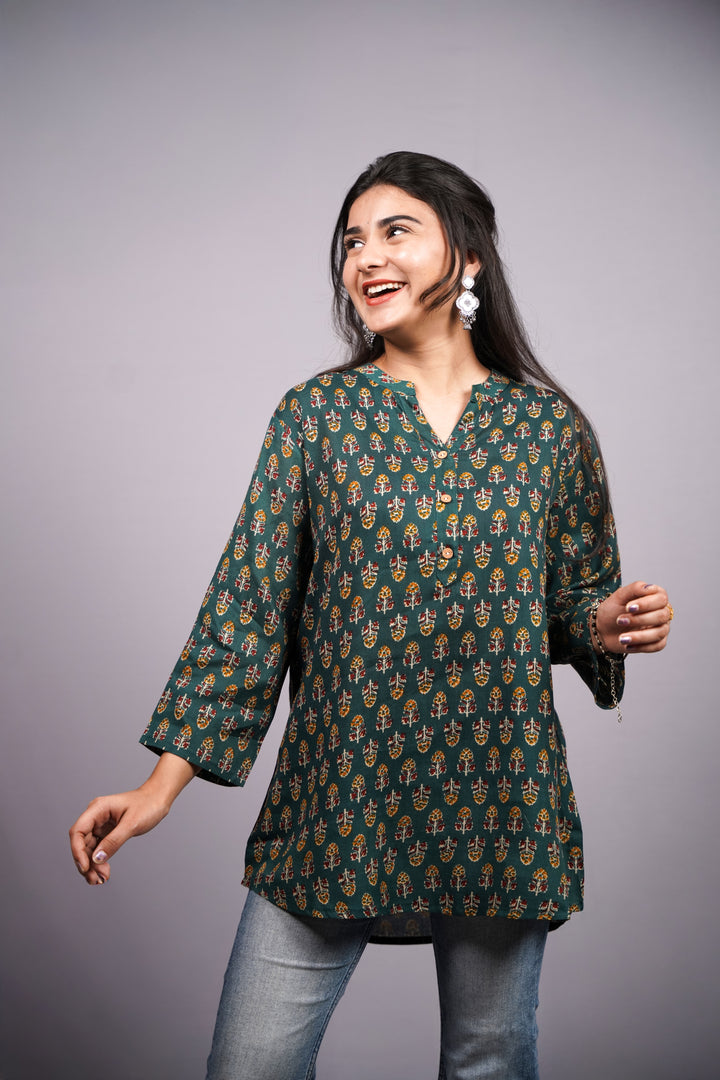 Neelkanth Teal  Aline Collar Short Kurti