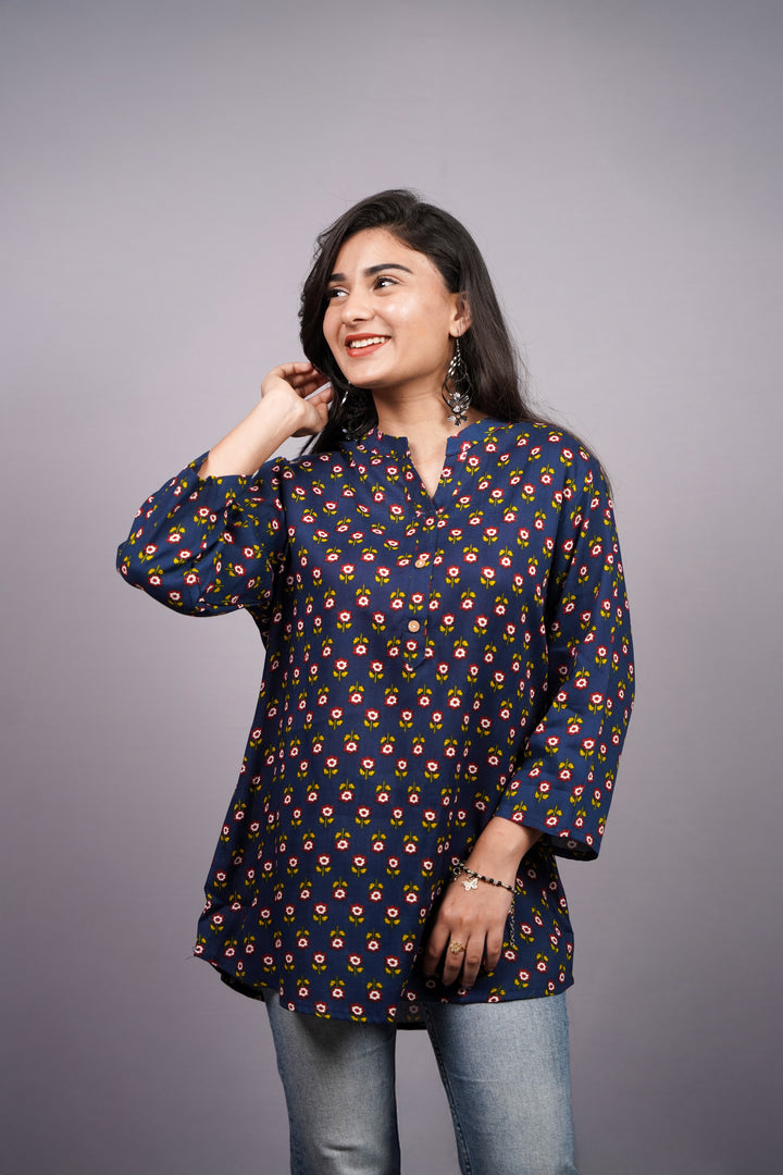 Nayra Navy Jaipuri  Aline Collar Short Kurti