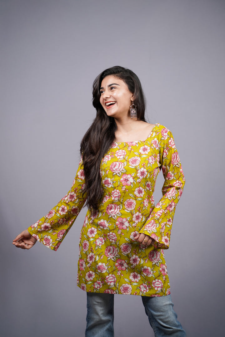 Haritika Mustard Rose Jaipuri Corset Back Short Kurti