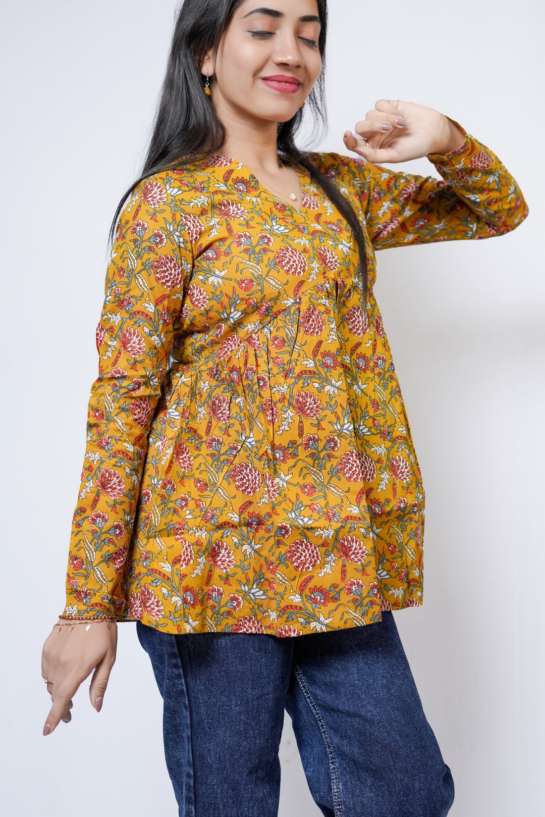 Mustard Meadow Printed Peplum Top
