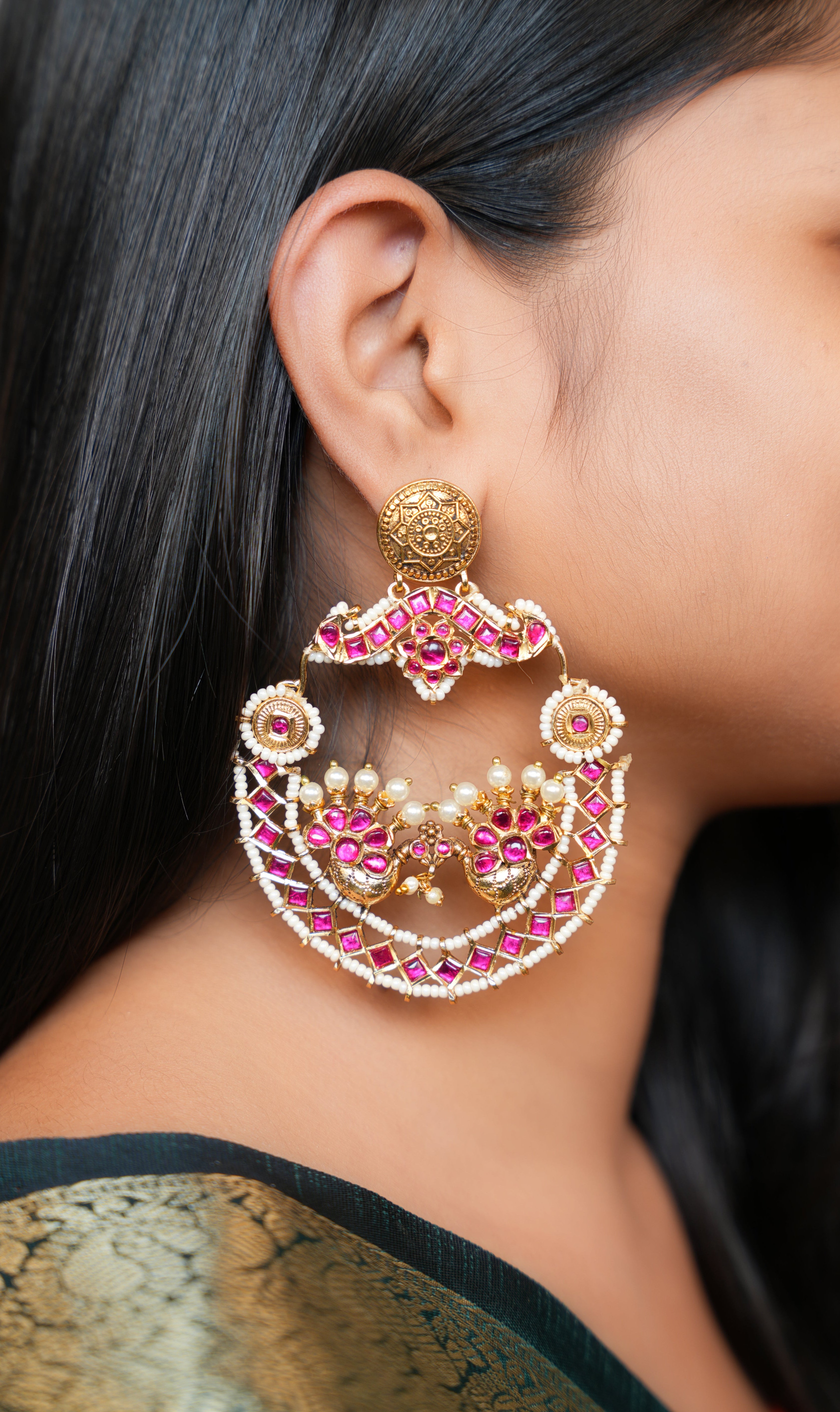 Maharani Mayuri Pink Pearl Chandbali Earrings