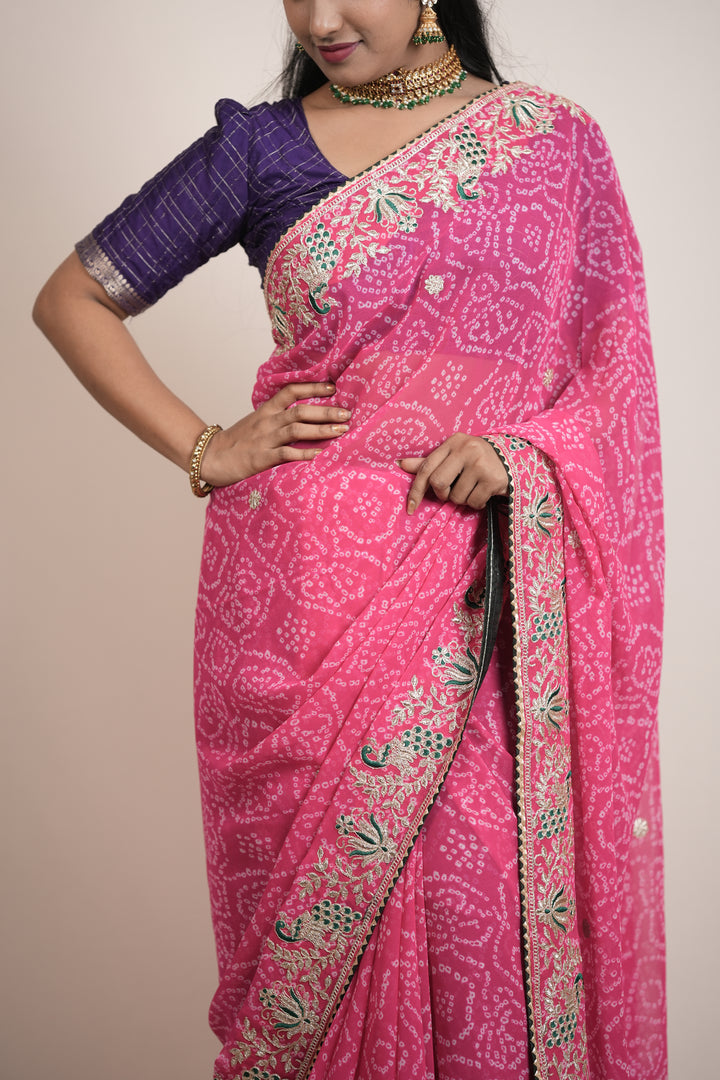ISHNA Pink Bandhani Saree With Peacock and Lotus Border