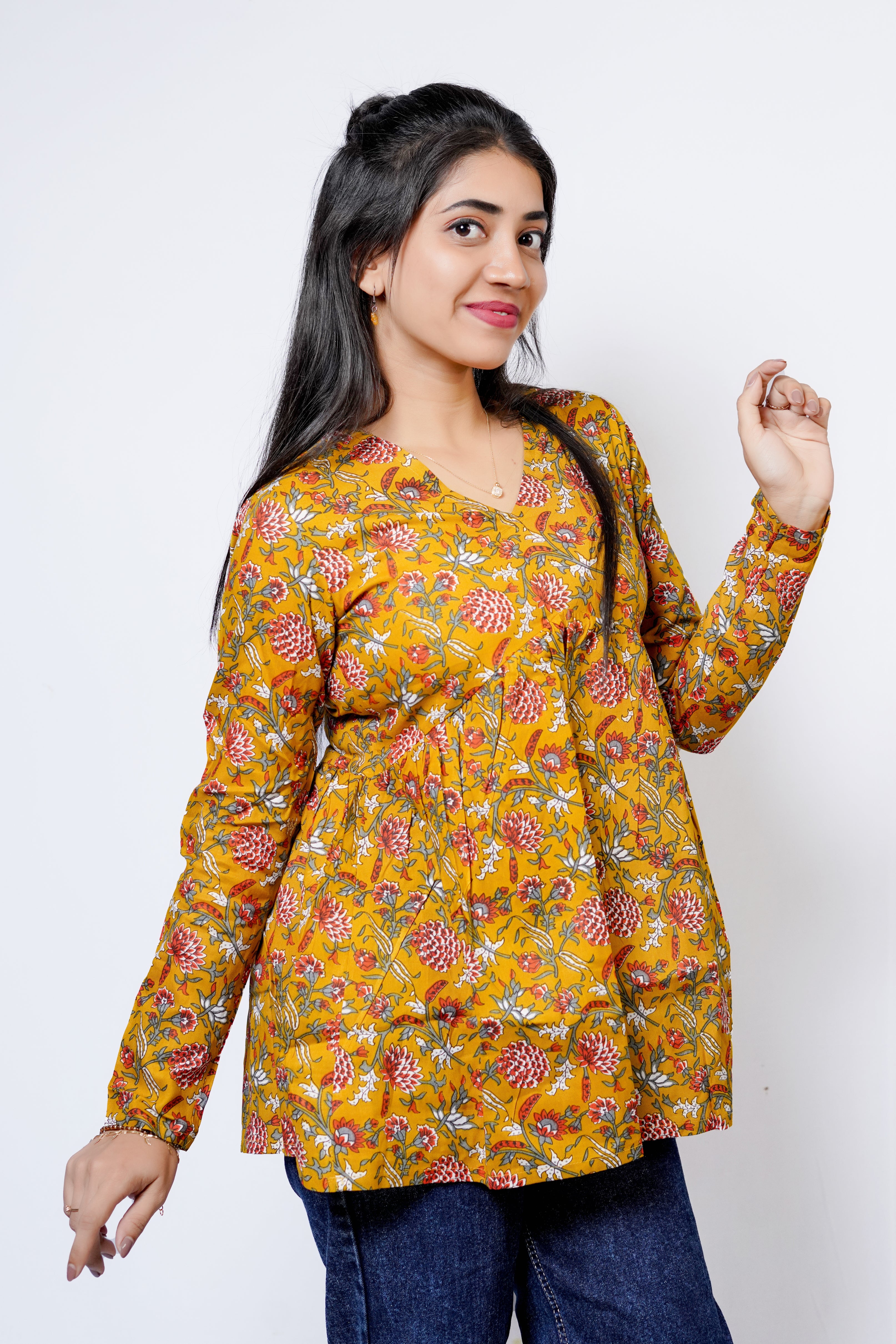 Mustard Meadow Printed Peplum Top