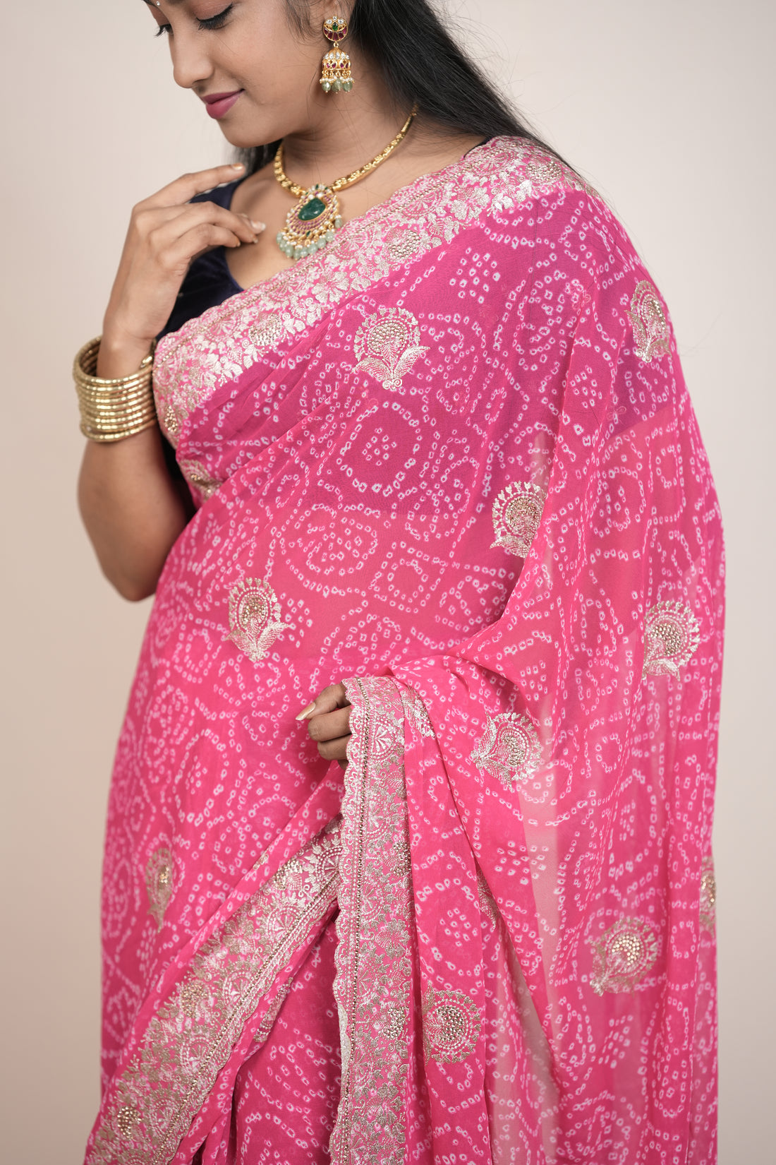ISHNA Pink Bandhani Saree With Flower Border and Stone Work