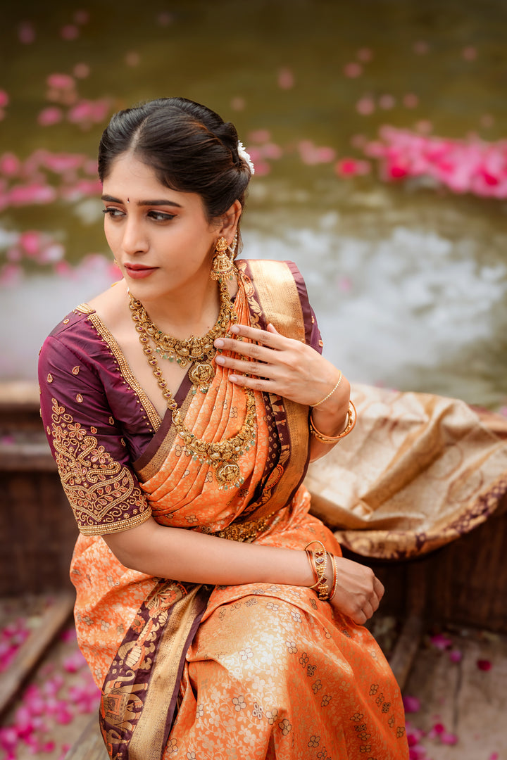 Kanchipuram (Kanchi) Silk Saree with rust orange and deep maroon antique gold zari