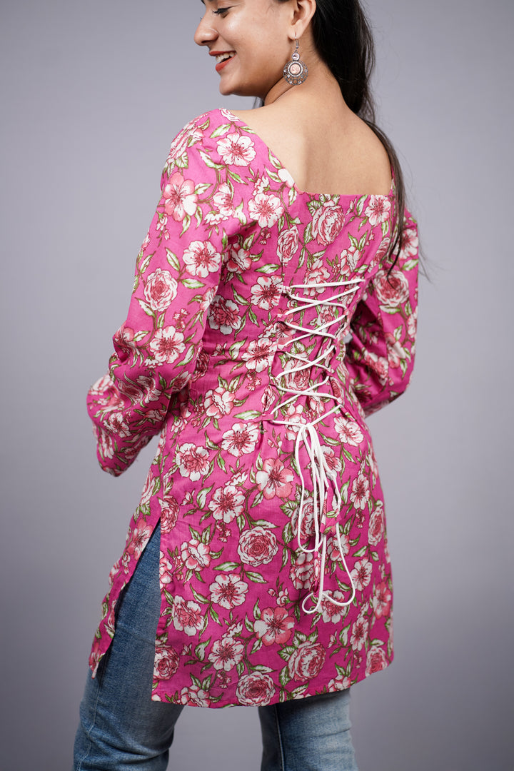 Gulabi Floral Jaipuri  Corset Back Short Kurti