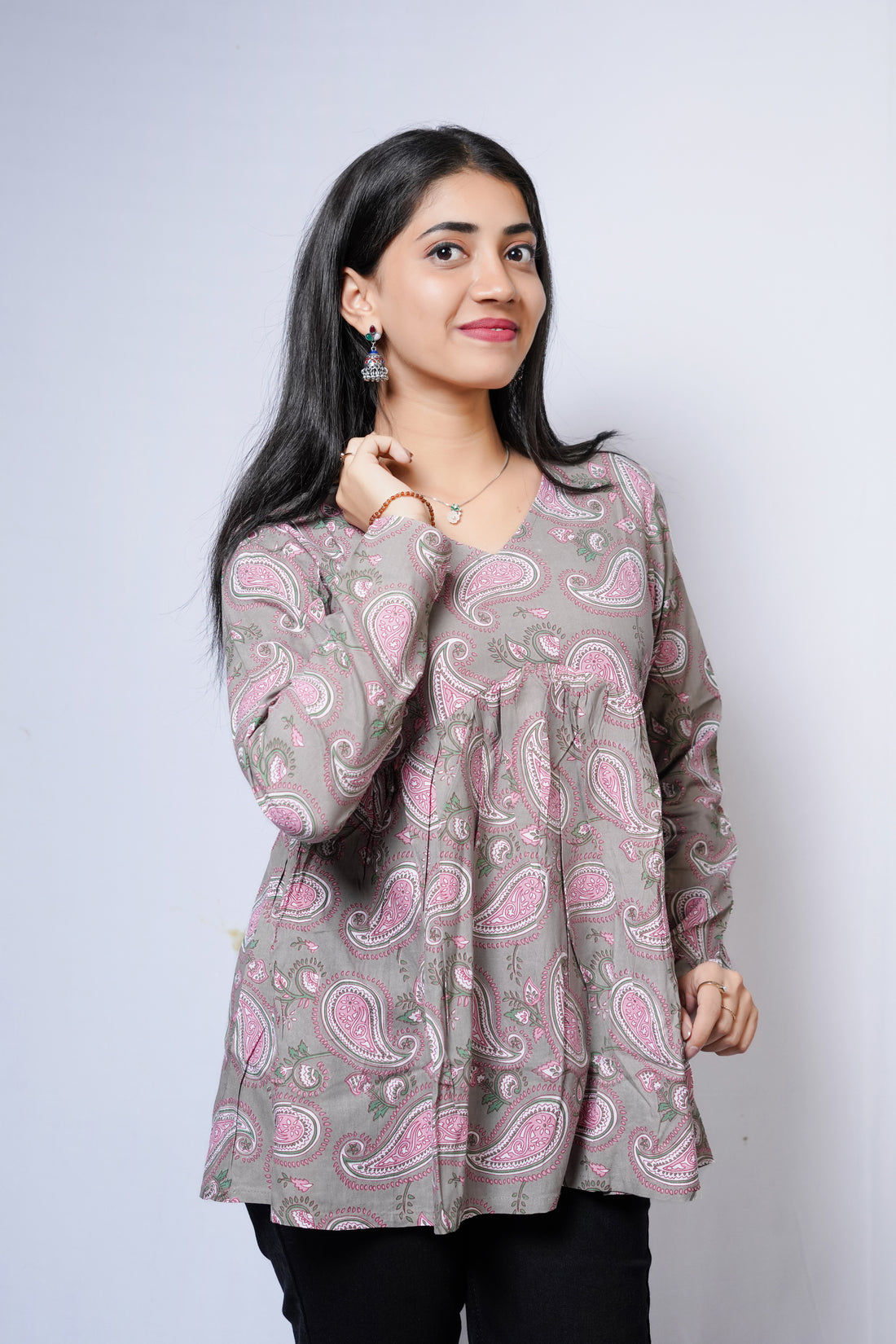Grey with pink block print Peplum Top