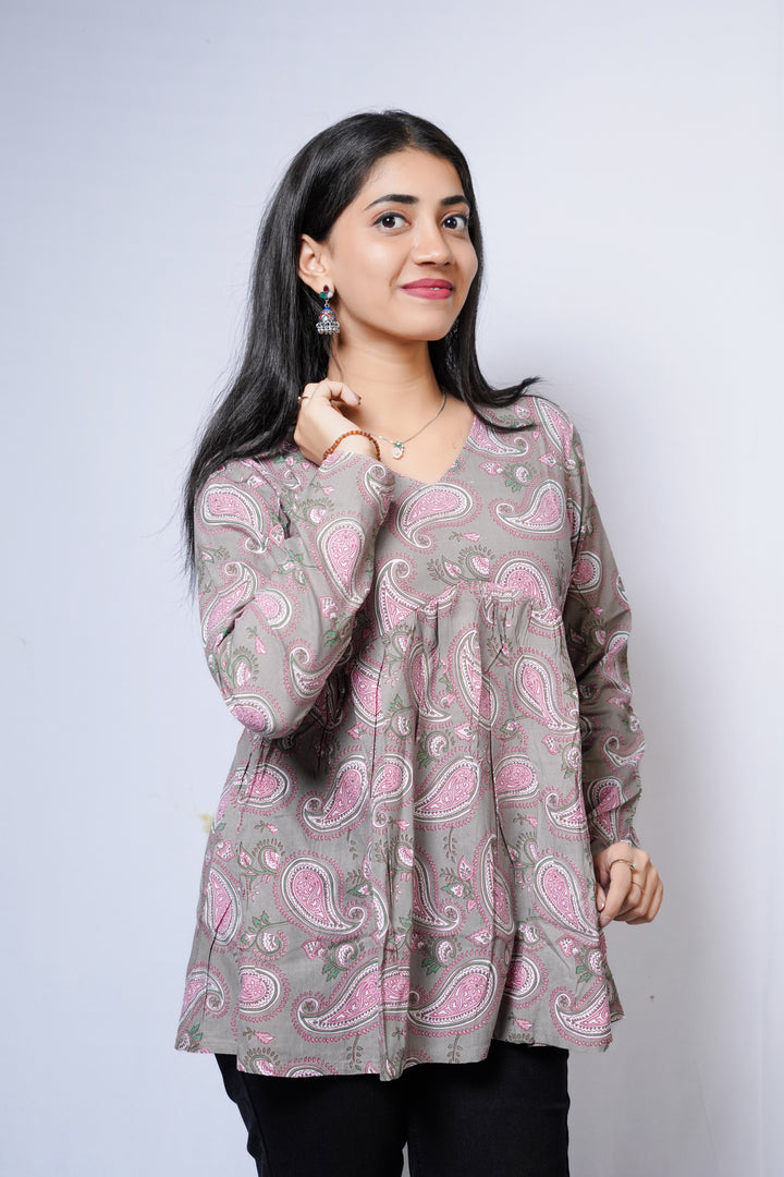 Grey with pink block print Peplum Top