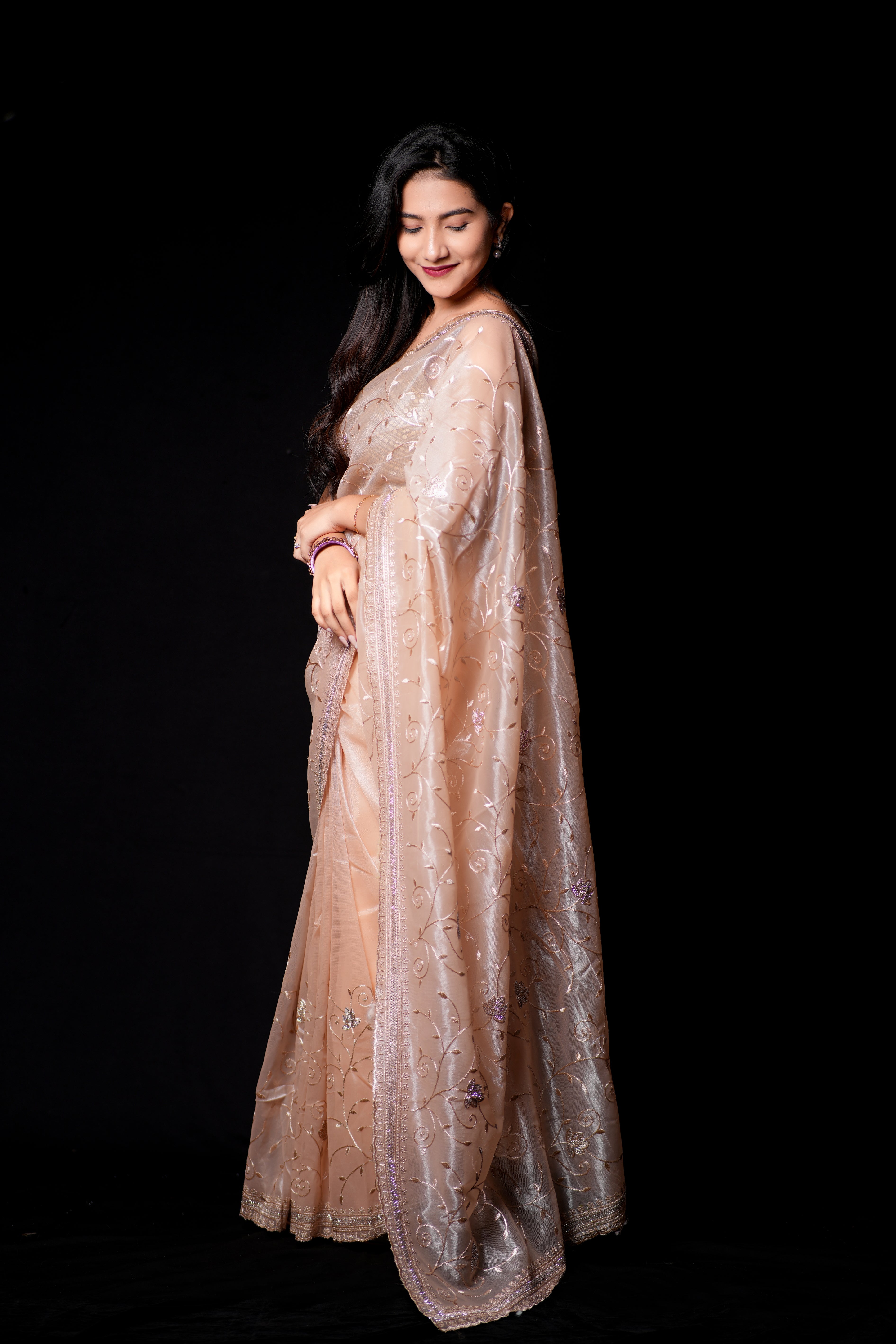Soft Cream Organza Tissue Saree with Leaf Embroidery