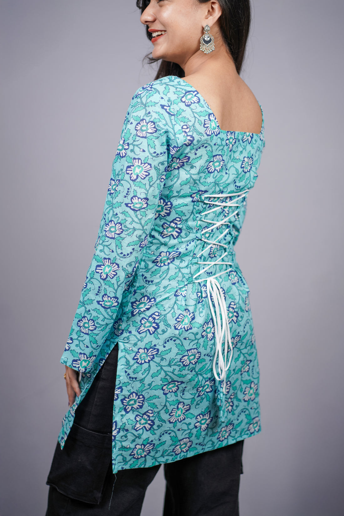 Tarini Teal Floral Jaipuri Corset Back Short Kurti