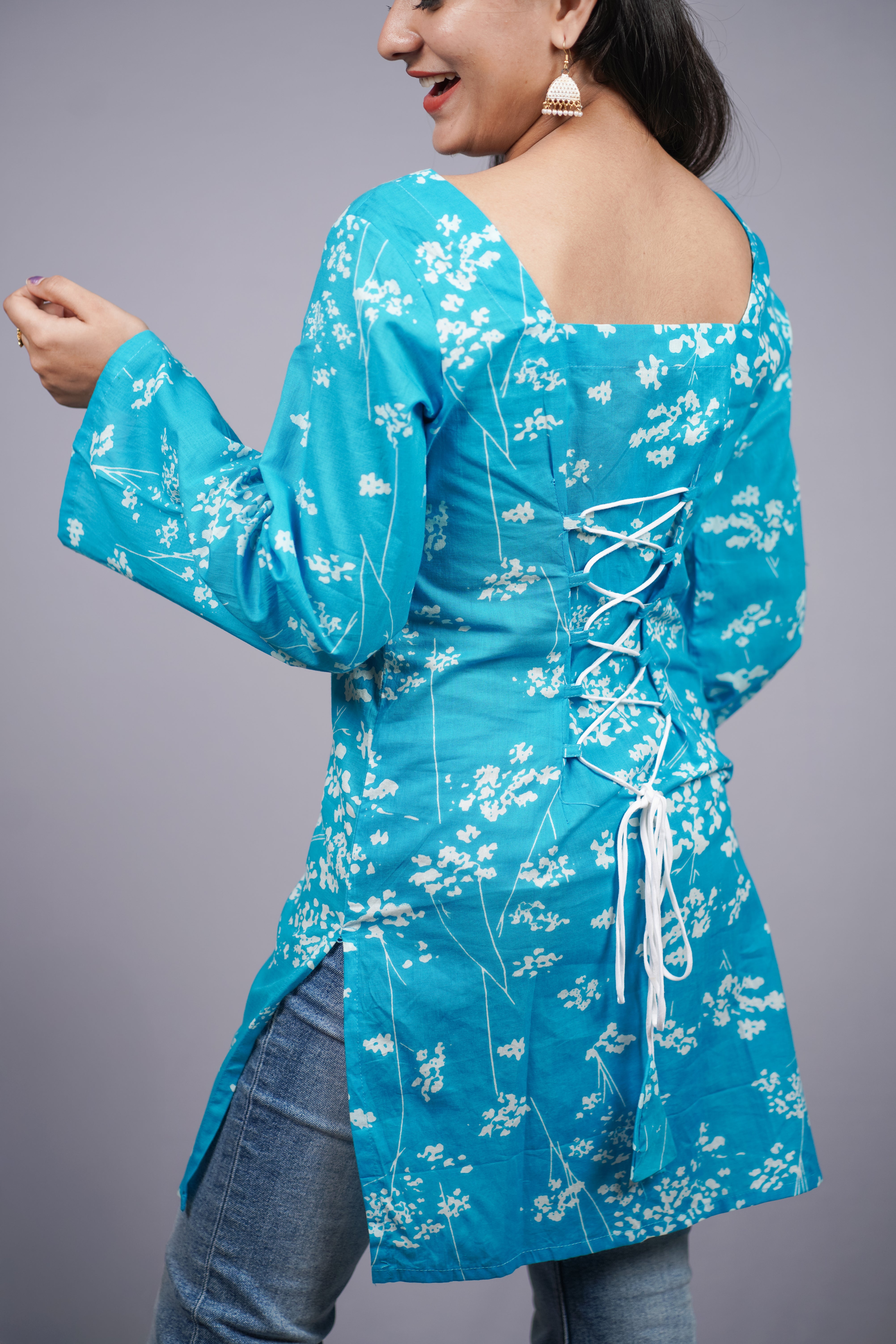 Neerja Aqua Floral Corset Back Short Kurti