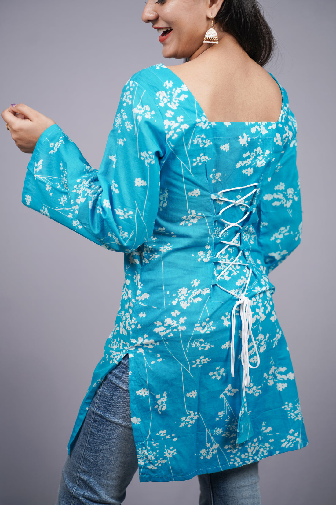 Neerja Aqua Floral Corset Back Short Kurti