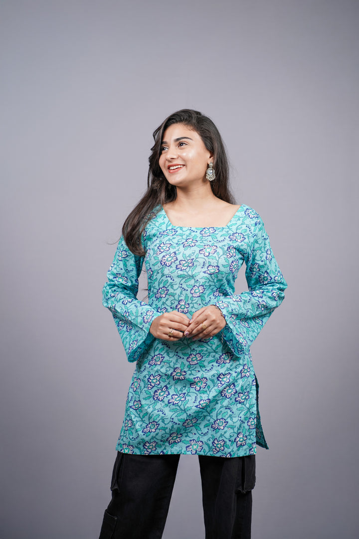 Tarini Teal Floral Jaipuri Corset Back Short Kurti