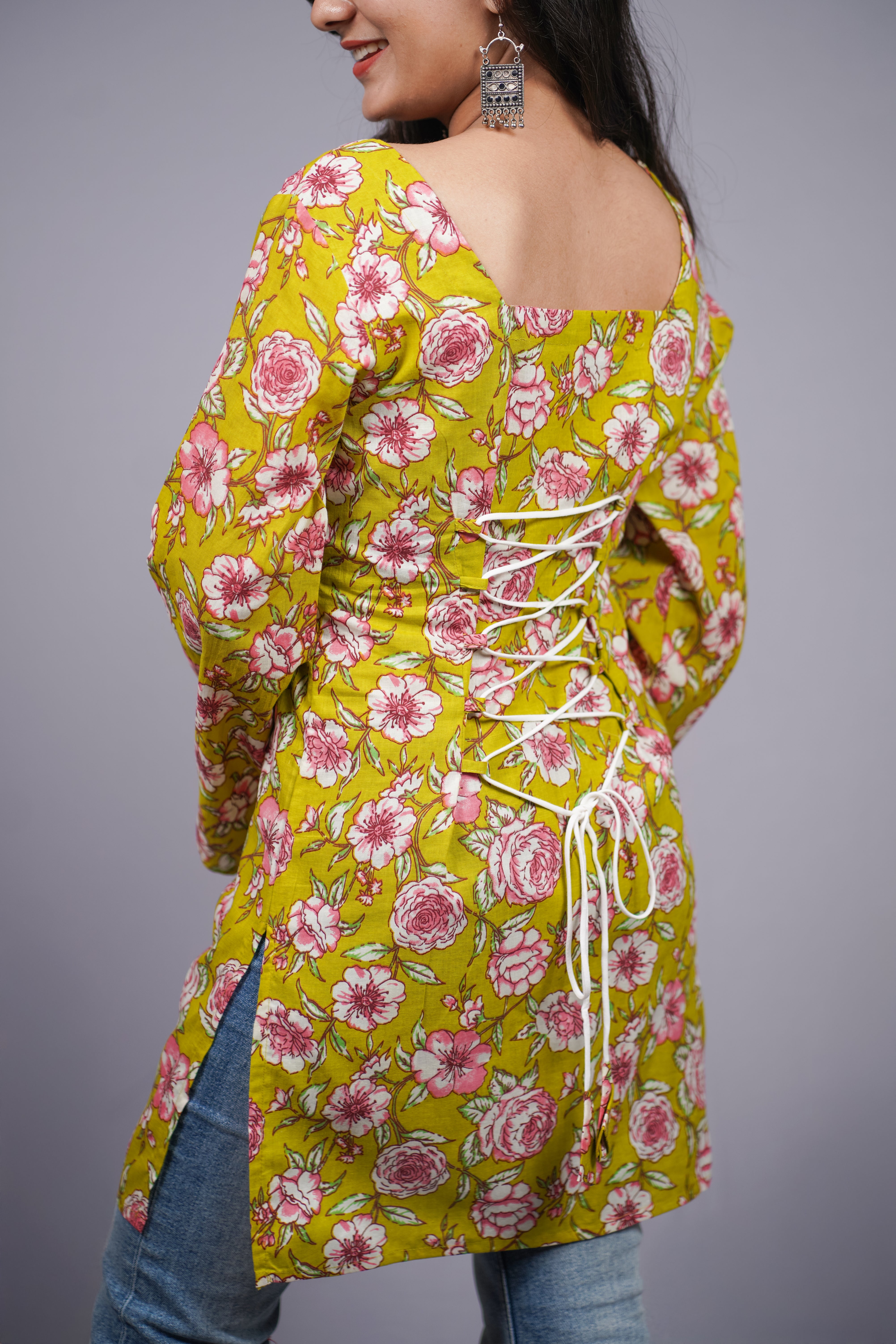 Haritika Mustard Rose Jaipuri Corset Back Short Kurti
