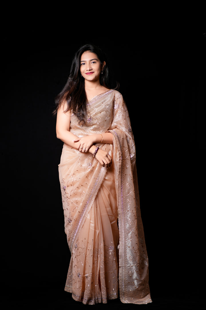 Soft Cream Organza Tissue Saree with Leaf Embroidery