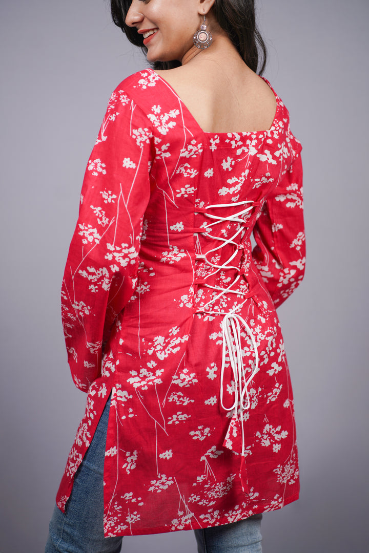 Ruhani Pink Floral Corset Back Short Kurti