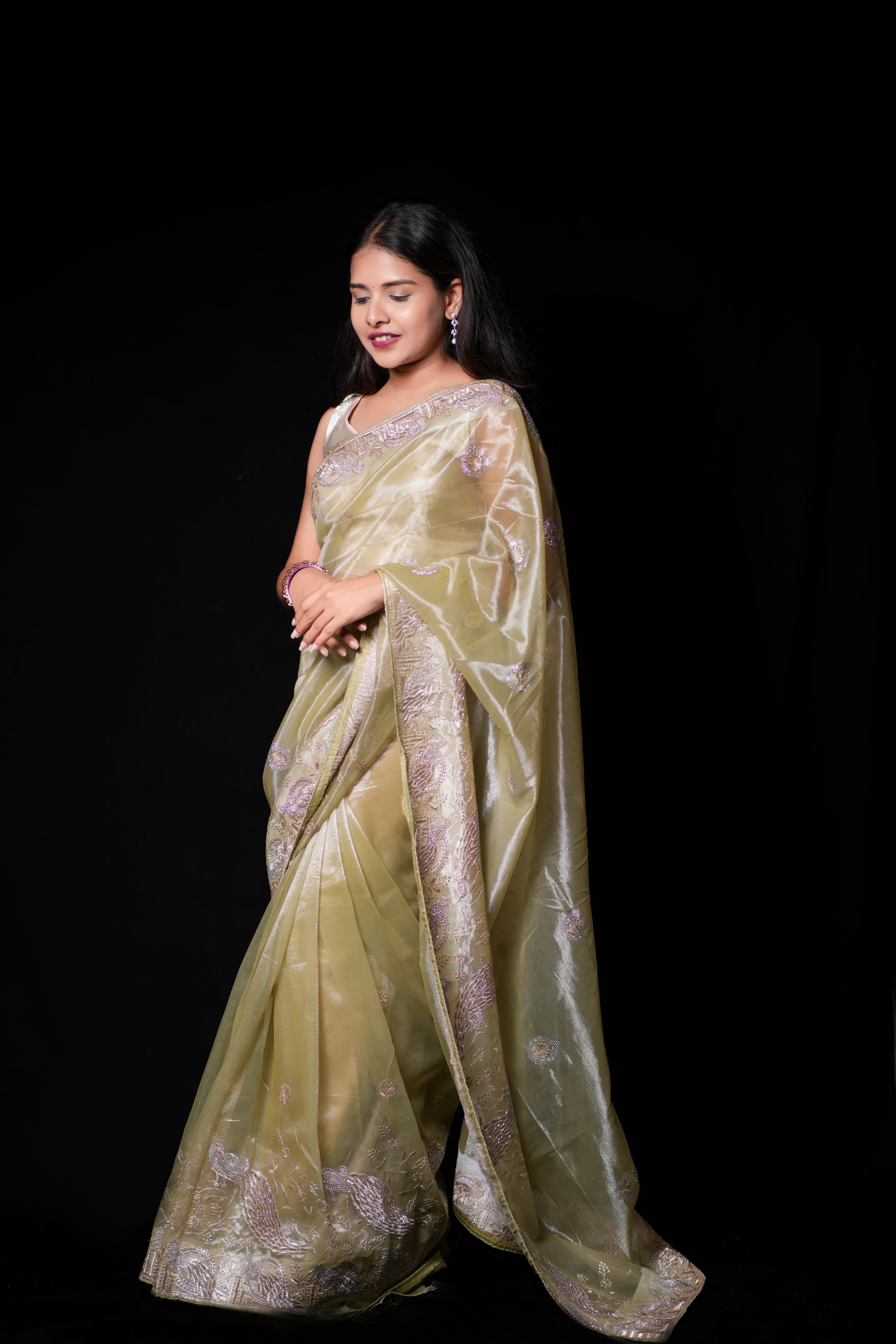 Pastel Pistachio Green Organza Tissue Saree with Peacock border